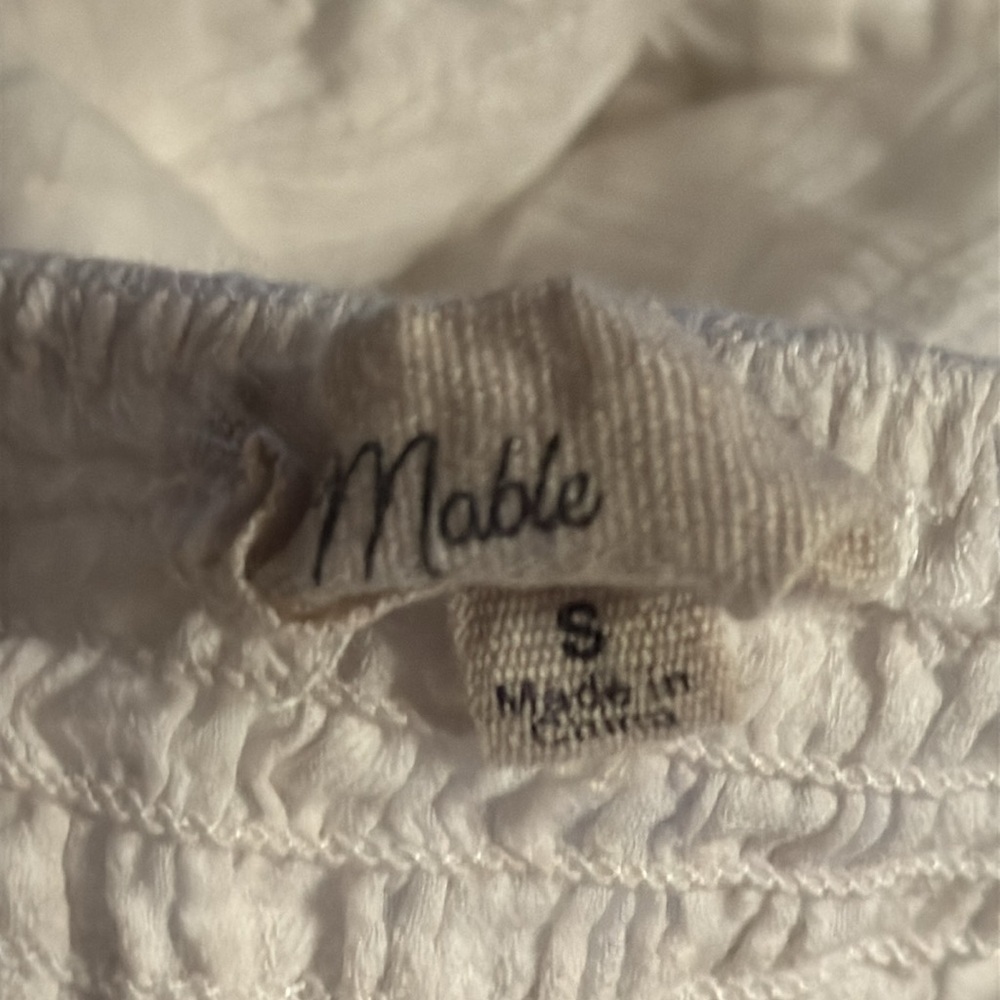 Mable puff sleeves Babydoll white dress plaid smocked back ruffle hem cotton S - Picture 7 of 8